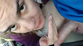 Dirty wife sucking and swallowing a small cocked stranger she just met