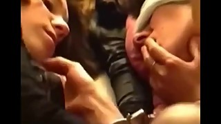 Threesome Sex Hubby Fucks Wife Blindfolded while Woman Kisses Her
