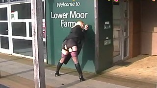 BBW Slut Wife In Stockings And Leather Boots Flashing In Public