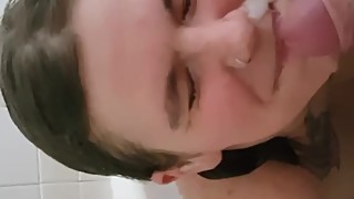 Shower blowjob with cumshot from slut wife