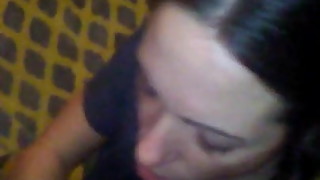 skinny brunette slut wife with tiny tits sucks and fucks cum